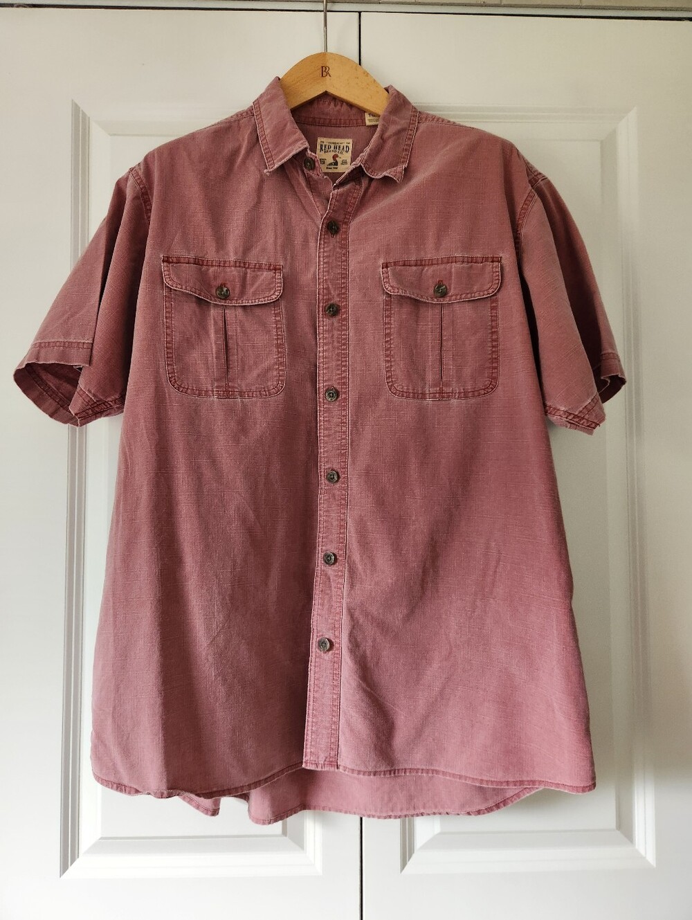 RedHead Brand Co. short sleeve button-up shirt in a faded dusty red finish.
